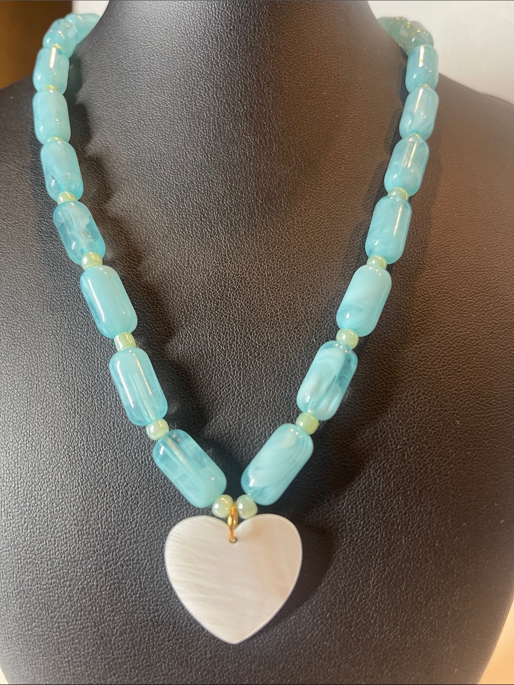 Handcrafted Aqua Blue Bead Necklace with Heart Pendant 01807